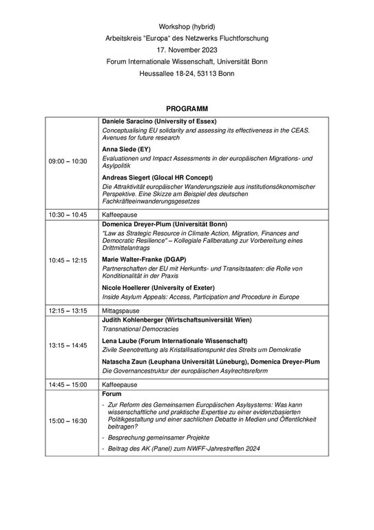 Programm Workshop AK Europa in Bonn