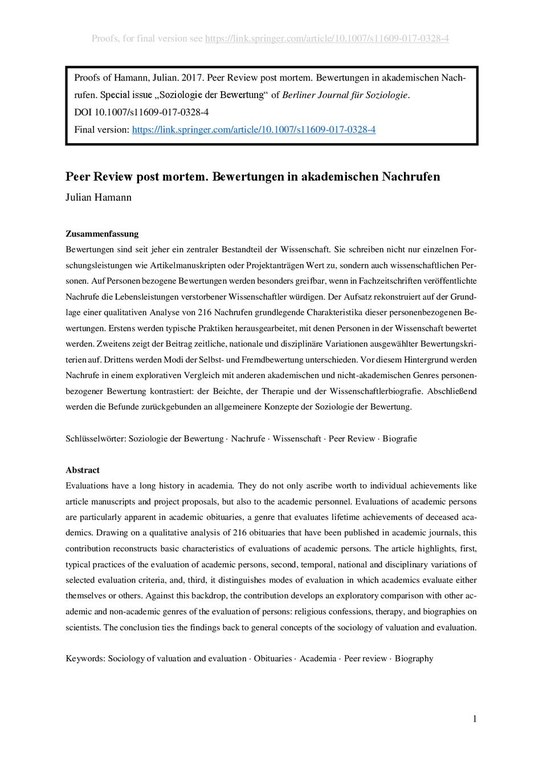 Hamann. 2017. Peer Review post mortem. Bewertungen in akademischen Nachrufen_PROOFS.pdf Hamann. 2017. Peer Review post mortem. Bewertungen in akademischen Nachrufen_PROOFS.pdf