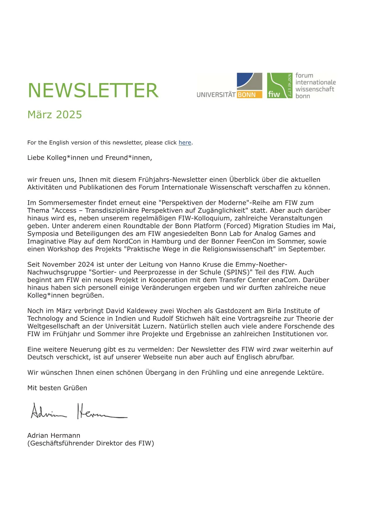 FIW Newsletter März 2025
